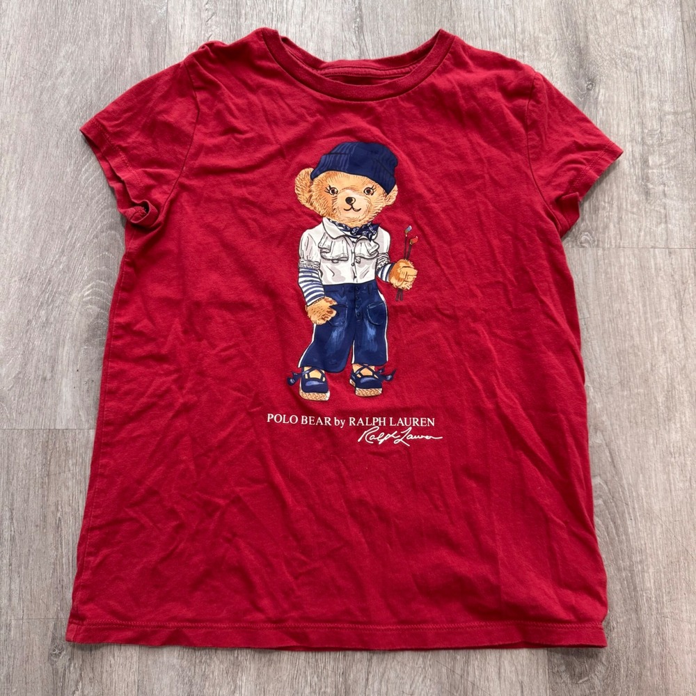 Polo Ralph Lauren Girls Red Polo Bear Graphic T-Shirt Artist Bear Size M 8-10